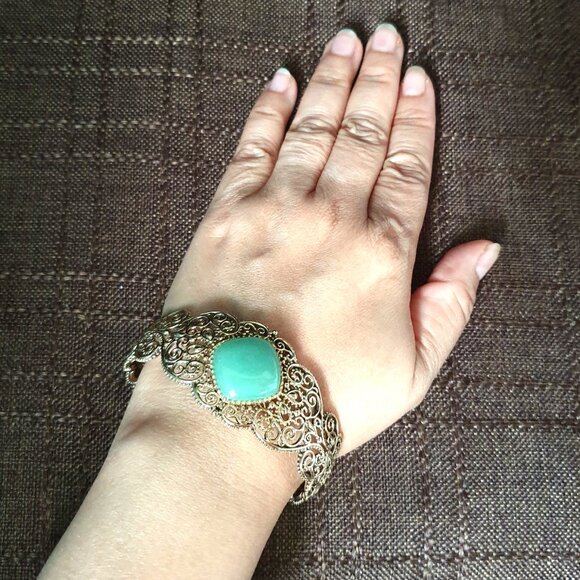 Vintage 1950s Chinese Export Green Jade Sterling Gold Vermeil Filigree Bracelet - Picture 12 of 13